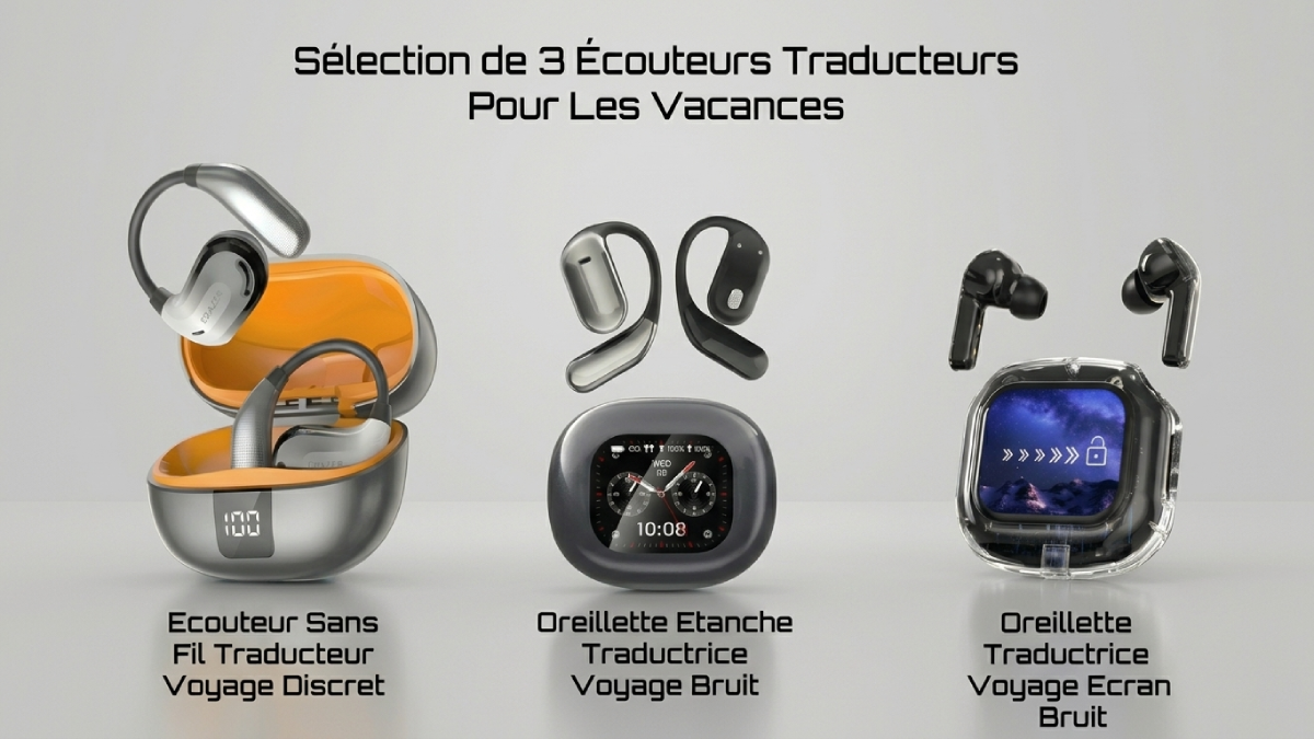 Trois modèles d'écouteurs traducteurs pour le voyage avec boîtiers de charge