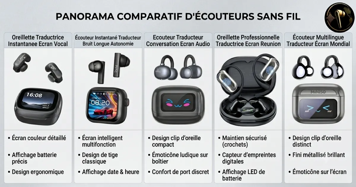 Cinq modèles d'écouteurs traducteurs avec boîtiers de charge, comparatif visuel
