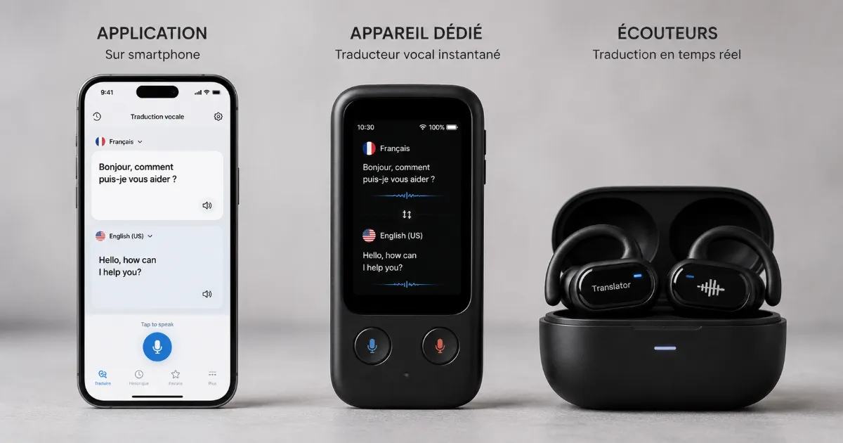 Comparatif des trois formats de traducteur vocal instantané - application mobile, appareil dédié et écouteur traducteur Bluetooth