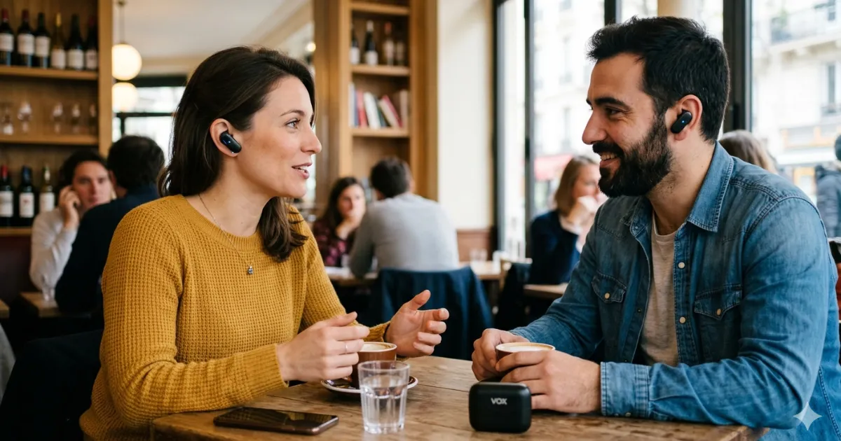 Personne utilisant un écouteur traducteur en conversation bilingue