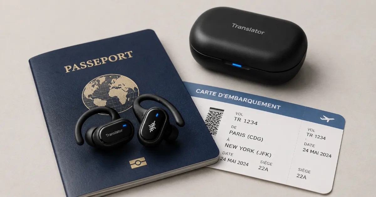 Écouteur traducteur pour le voyage posé sur un passeport et un billet d'avion