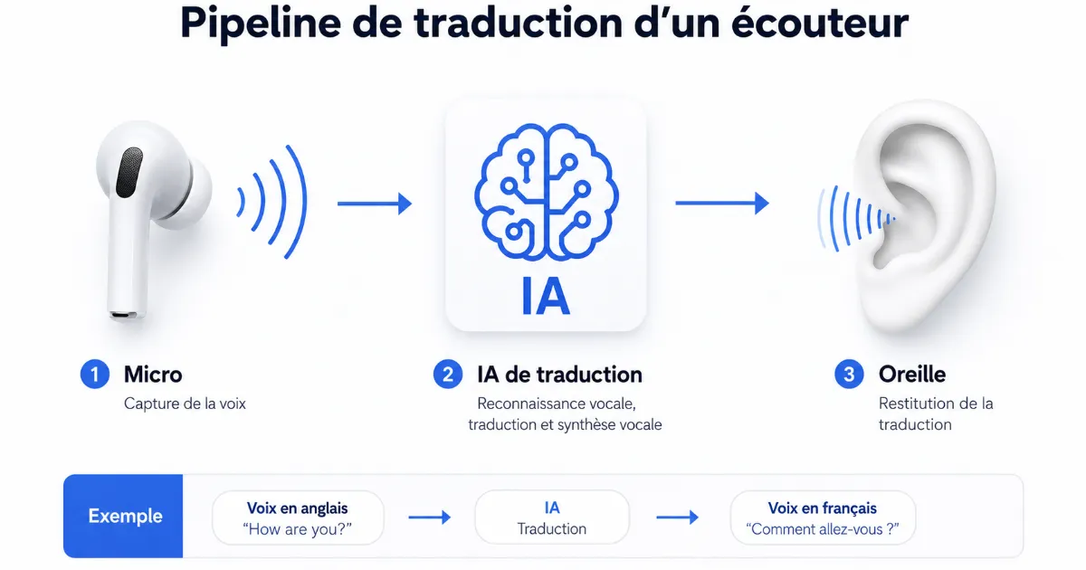 Schéma du fonctionnement d'un écouteur traducteur : microphone, reconnaissance vocale, traduction IA, synthèse audio