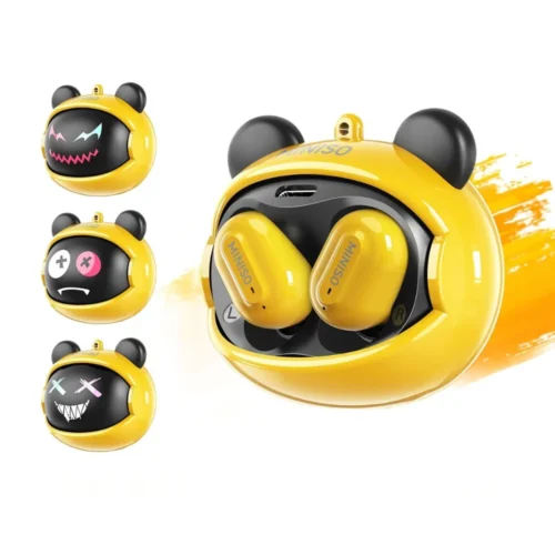 Écouteurs traducteurs Miniso jaune boîtier ours trois faces décoratives différentes