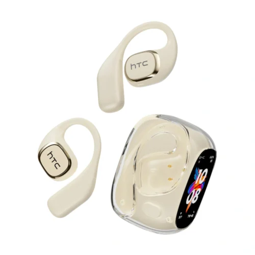 Écouteurs traducteurs HTC beige avec boîtier de charge à écran tactile, vue produit complète