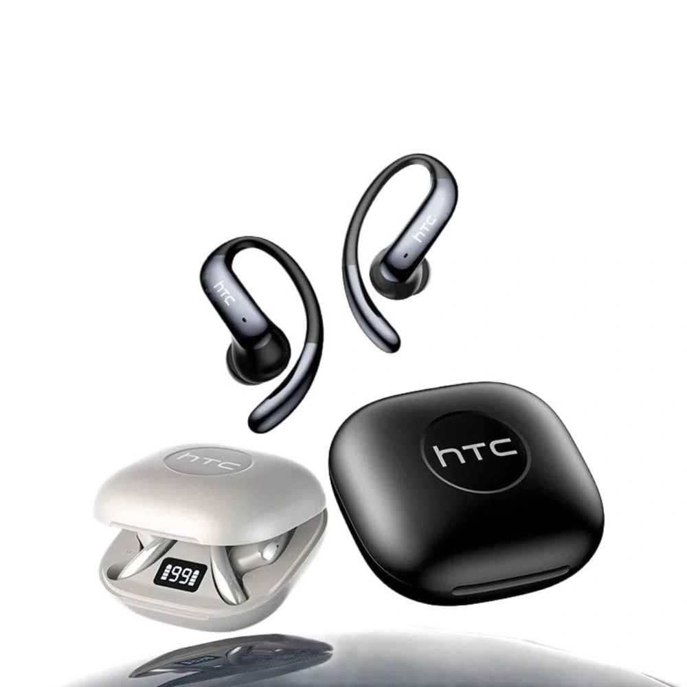 Écouteurs traducteurs HTC noirs présentés avec deux boîtiers de charge différents