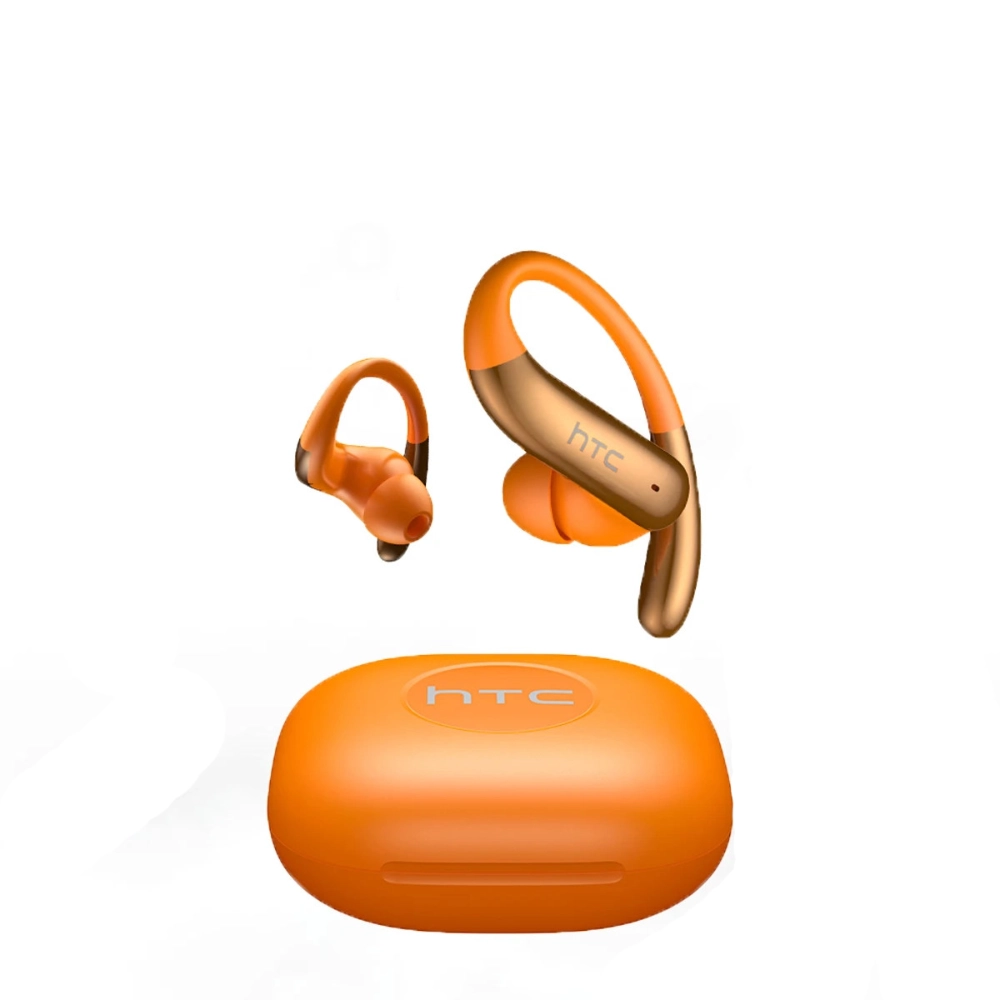 Écouteurs traducteurs HTC orange avec boîtier de charge compact sur fond blanc