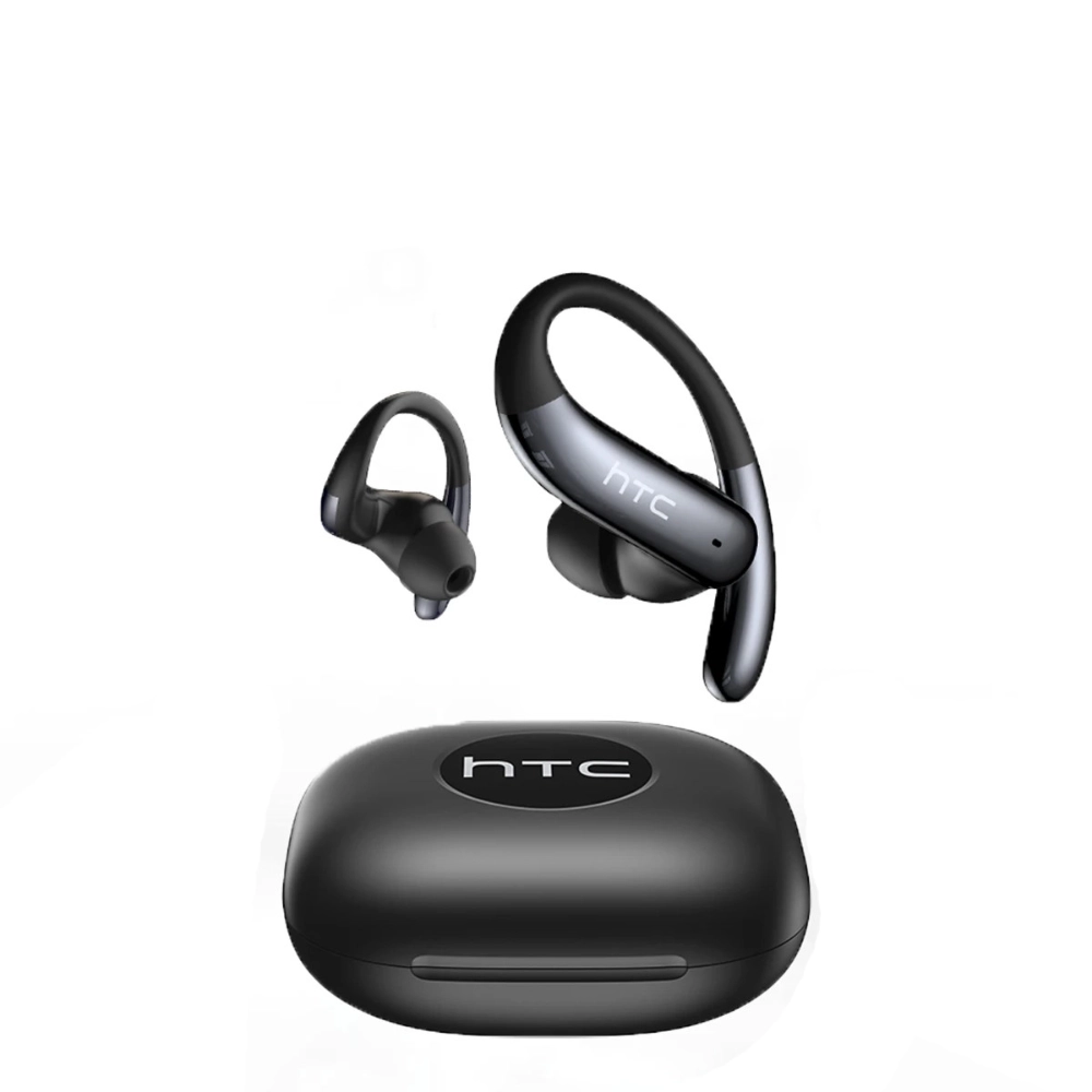 Paire d'écouteurs traducteurs HTC noirs avec crochet auriculaire et boîtier de charge