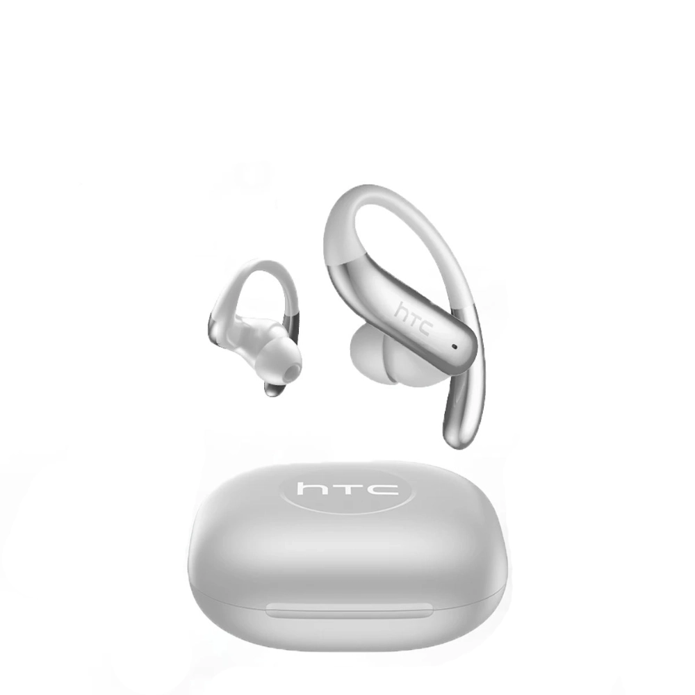 Écouteurs traducteurs HTC gris argent avec boîtier de charge arrondi sur fond blanc