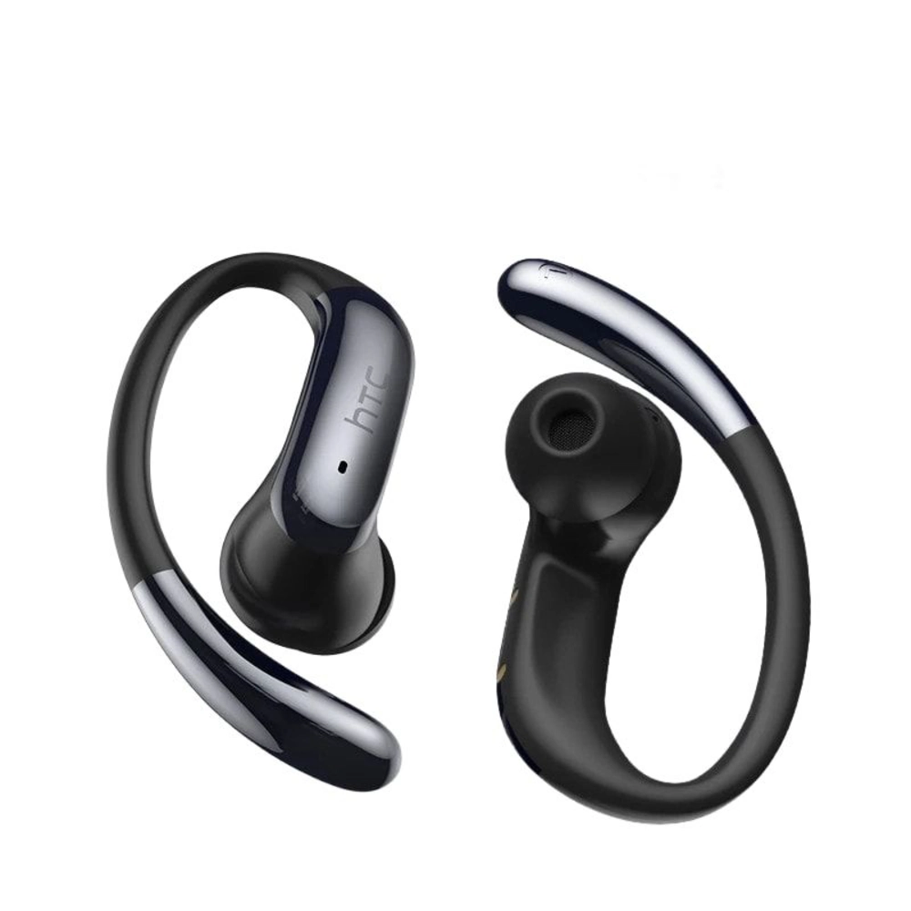 Gros plan sur les deux écouteurs traducteurs HTC noirs montrant le crochet auriculaire