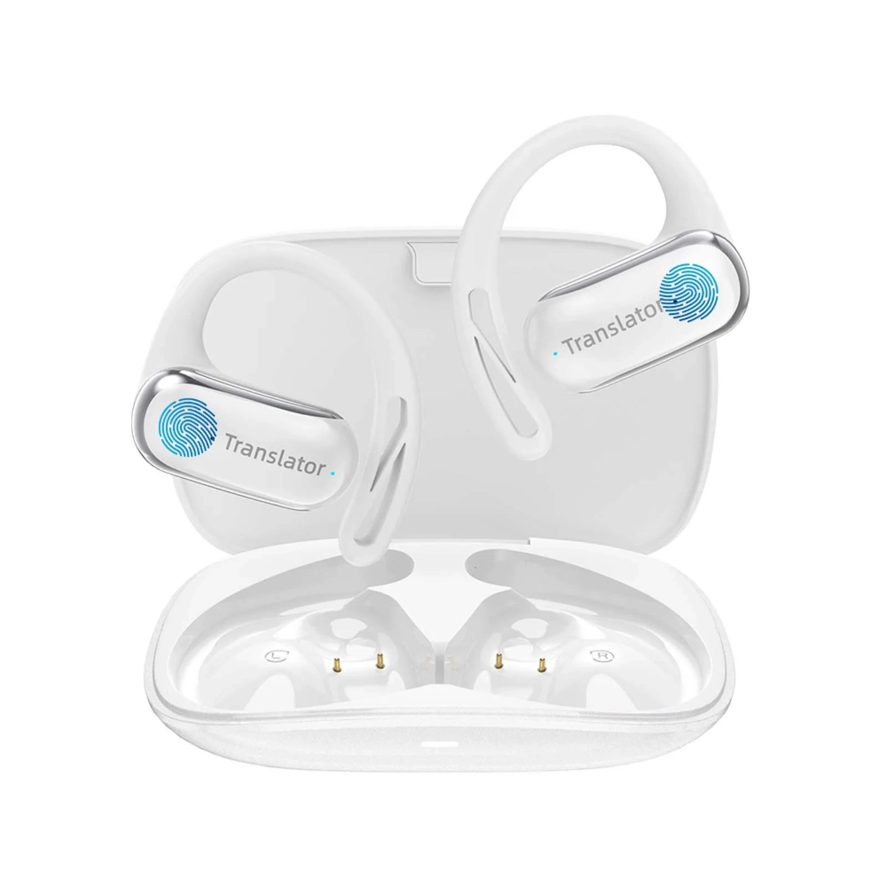 Paire d'écouteurs traducteurs blancs avec boîtier de charge blanc ouvert montrant les contacts de recharge