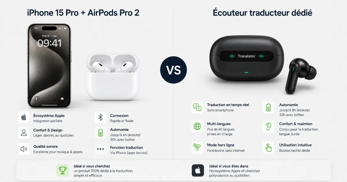 Comparaison entre un iPhone avec AirPods et un écouteur traducteur dédié