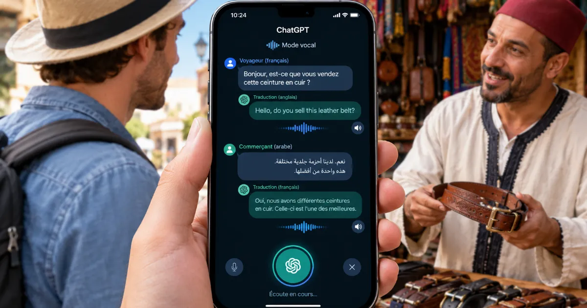 ChatGPT traduction en mode vocal sur smartphone pendant un échange avec un commerçant à l'étranger