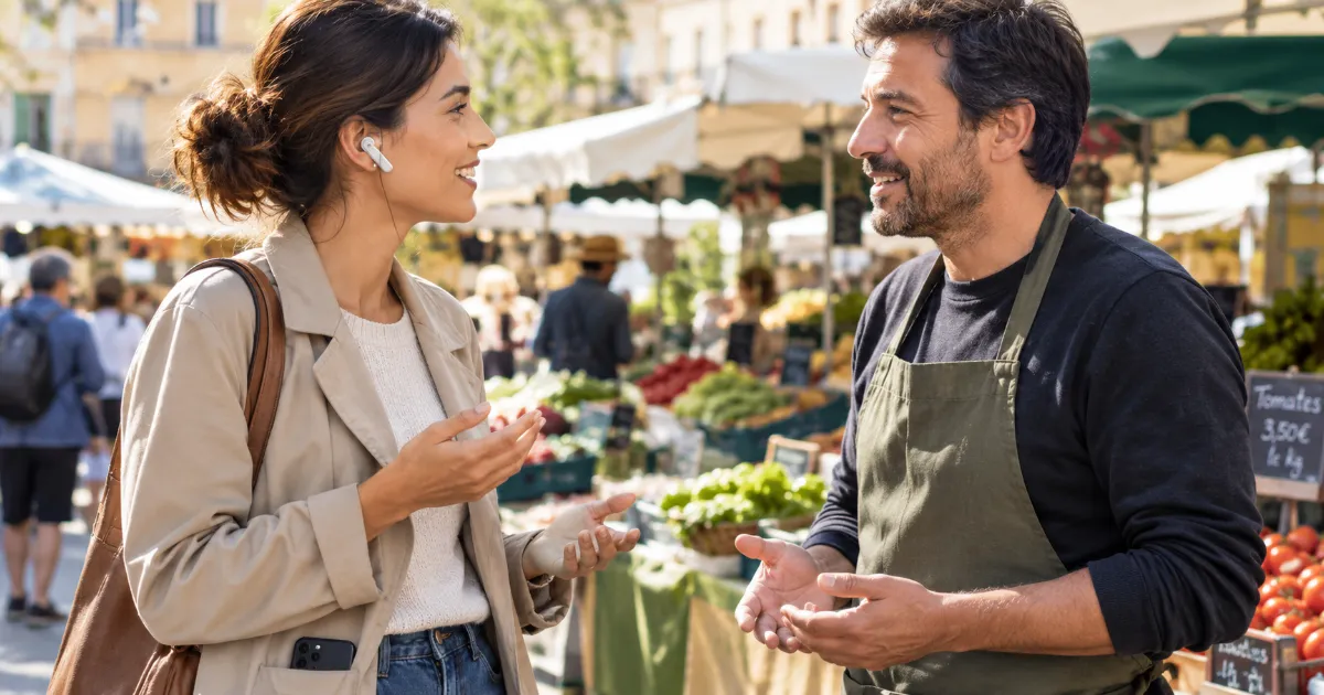 Écouteur traducteur utilisé mains libres pour une conversation dans un marché en voyage