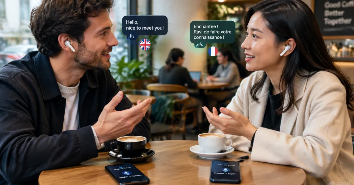 Conversation mains libres avec un écouteur traducteur entre deux personnes de langues différentes