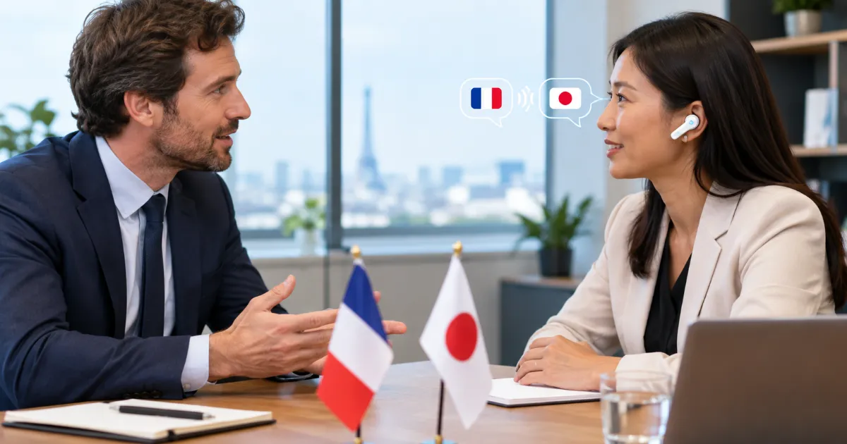 Écouteur traducteur utilisé en réunion d'affaires en face-à-face avec un client étranger