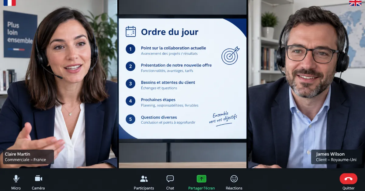 Réunion en anglais en visioconférence avec un client étranger, ordre du jour affiché à l'écran