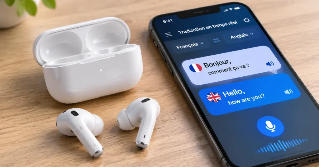 Écouteur traducteur noir avec boîtier de charge et smartphone affichant l'application