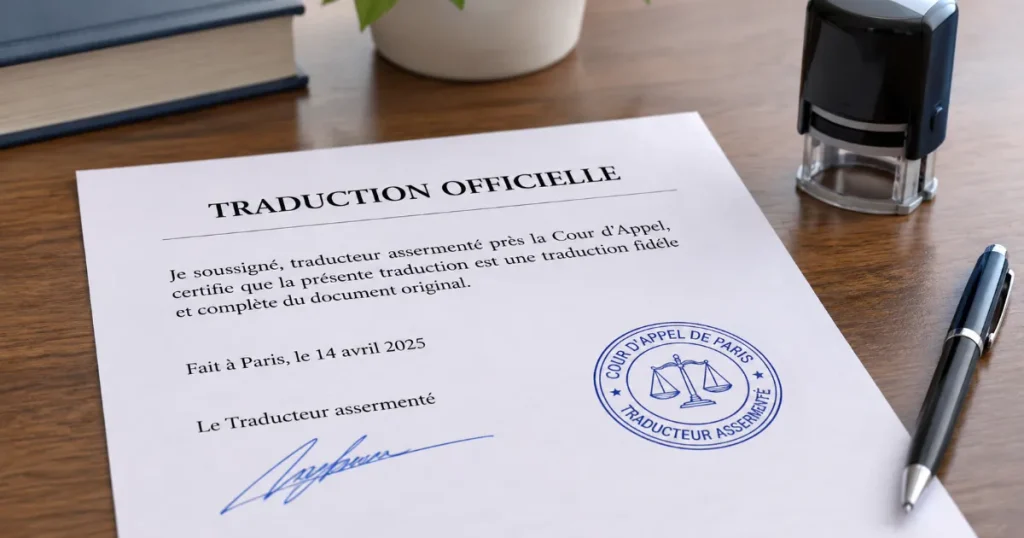 Traduction assermentée portant le cachet et la signature du traducteur